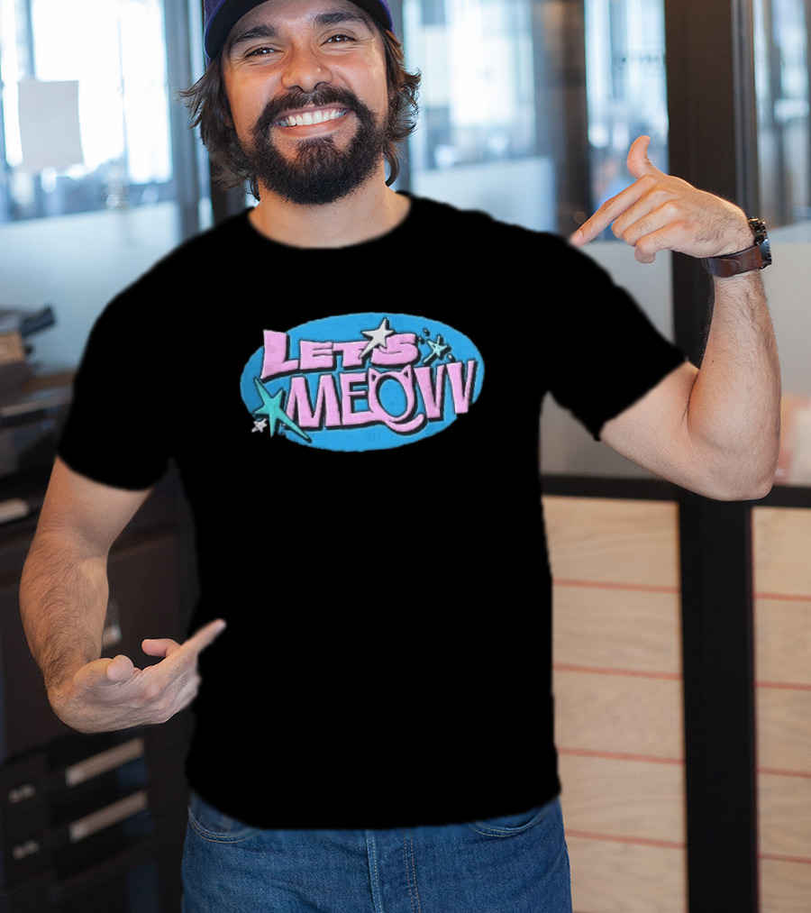 Lets Meovv Cat Ears Pink Distressed Glitter Stars Blue Oval T-Shirt