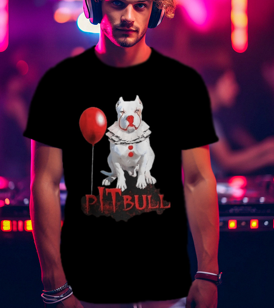 Pitbull Dog Pennywise Clown Red Balloon Distressed White T-Shirt