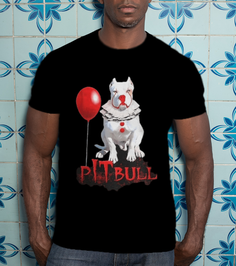 Pitbull Dog Pennywise Clown Red Balloon Distressed White T-Shirt