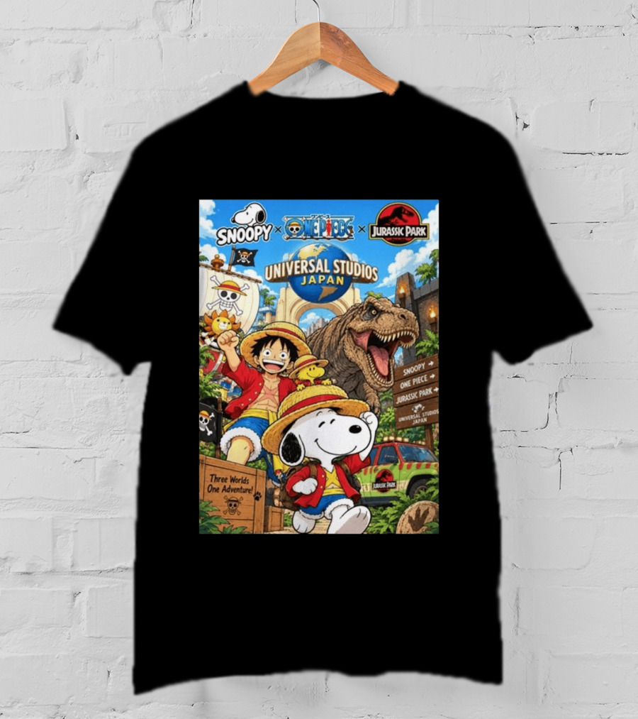 Snoopy One Piece Jurassic Park Universal Studios Japan Three Worlds One Adventure T-Shirt