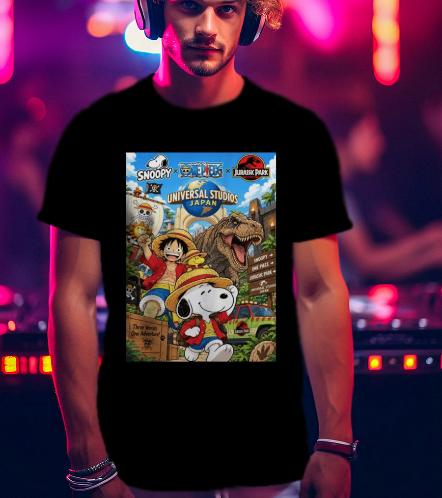 Snoopy One Piece Jurassic Park Universal Studios Japan Three Worlds One Adventure T-Shirt