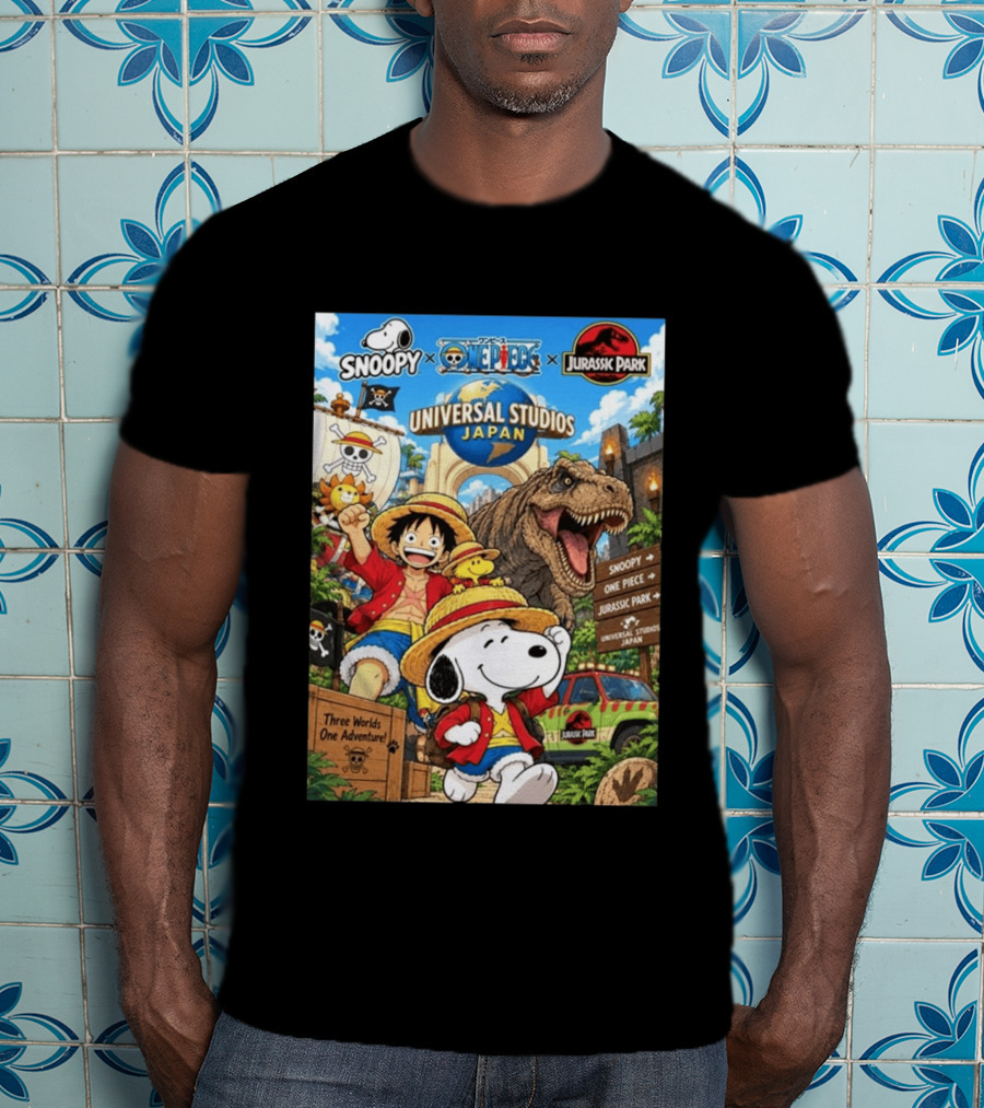 Snoopy One Piece Jurassic Park Universal Studios Japan Three Worlds One Adventure T-Shirt