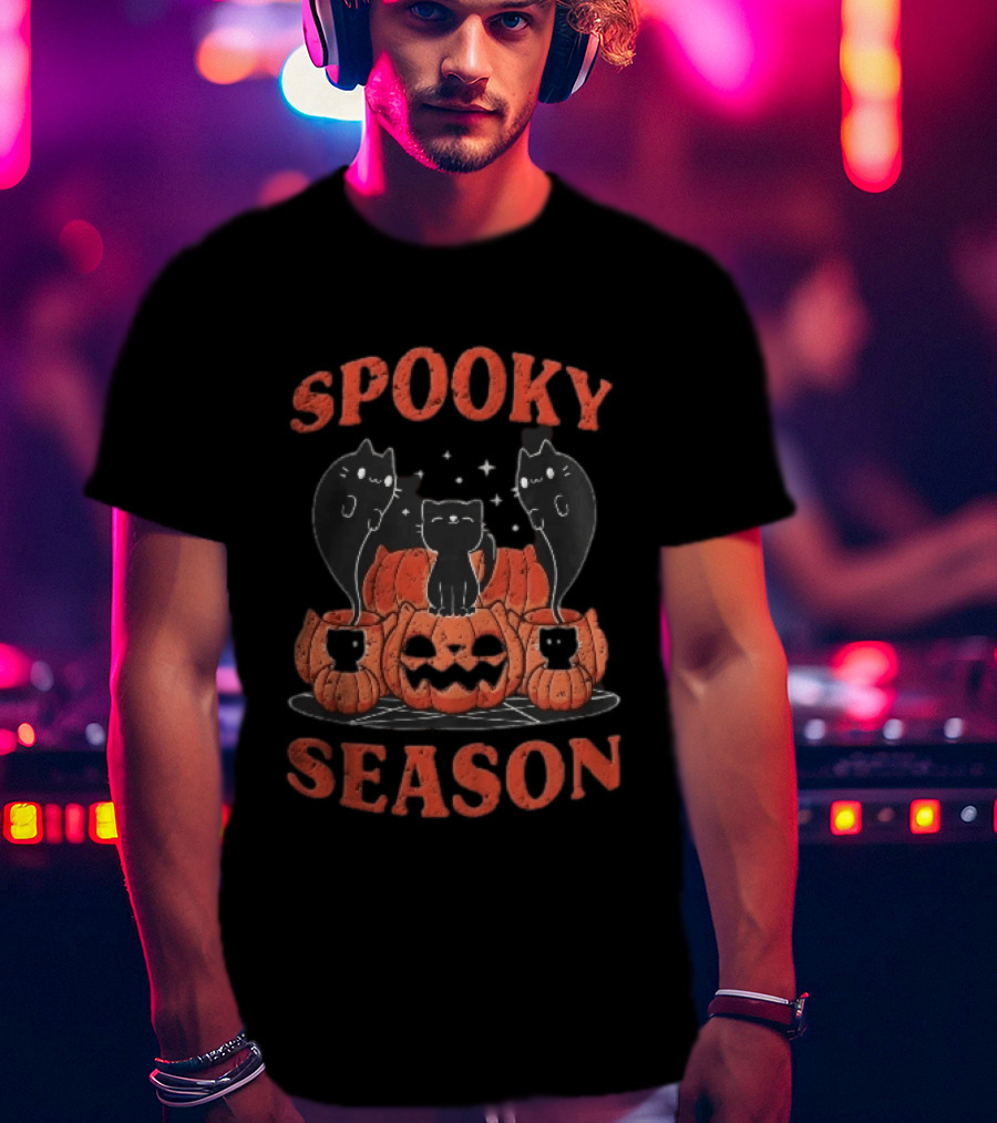 Spooky Season Black Cats Jack O Lantern Pentagram Cartoon T-Shirt
