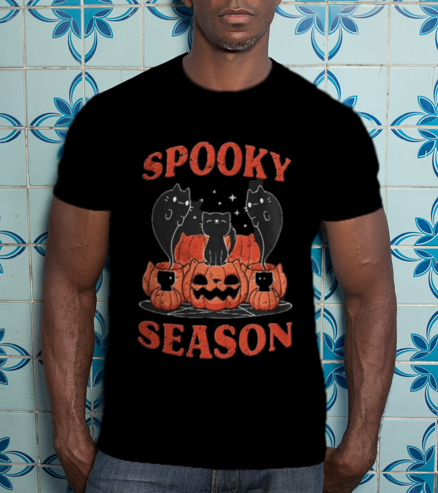 Spooky Season Black Cats Jack O Lantern Pentagram Cartoon T-Shirt