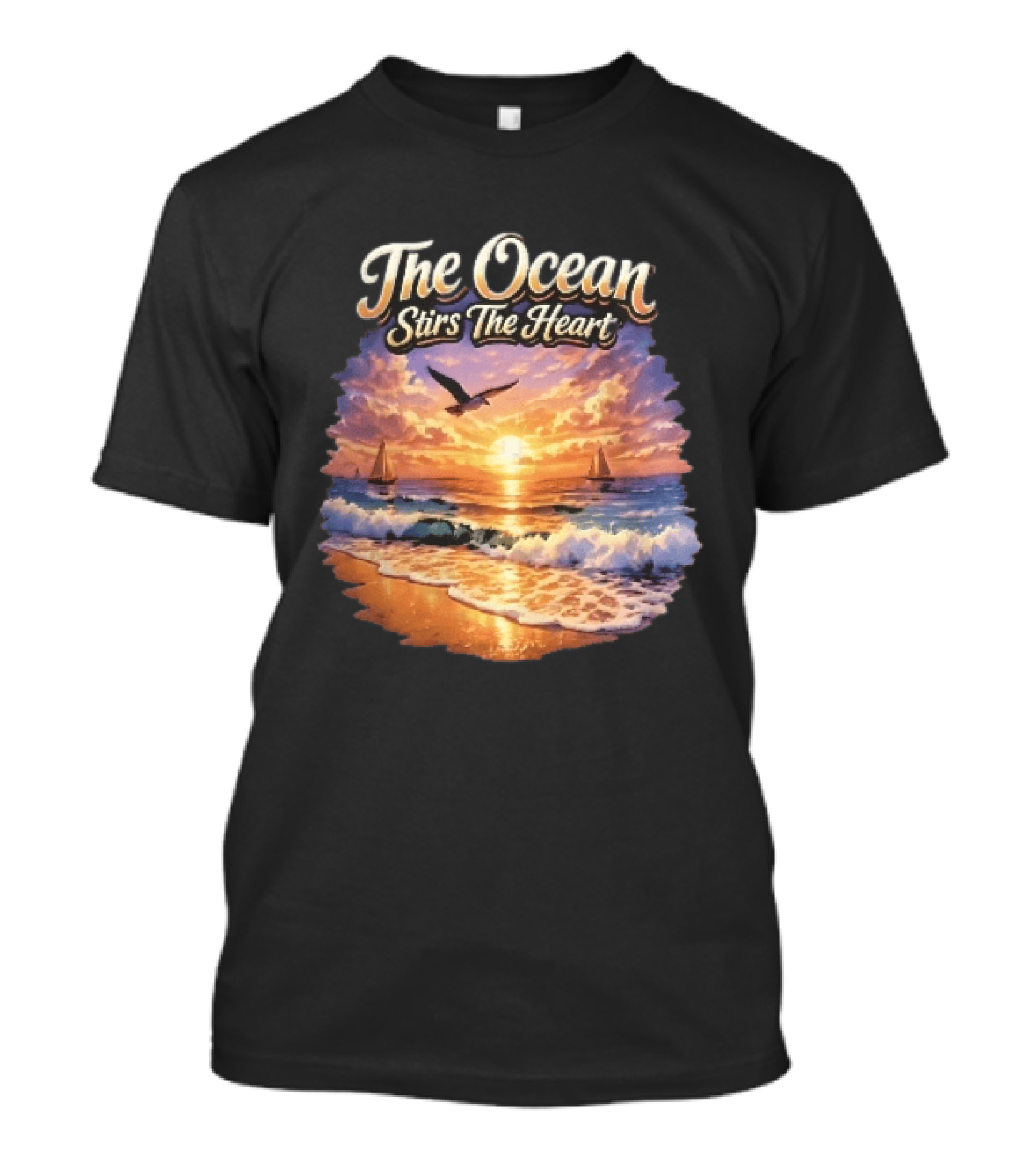 The Ocean Stirs The Heart Seagull Flying Sunset Beach Sailboats Waves T-Shirt