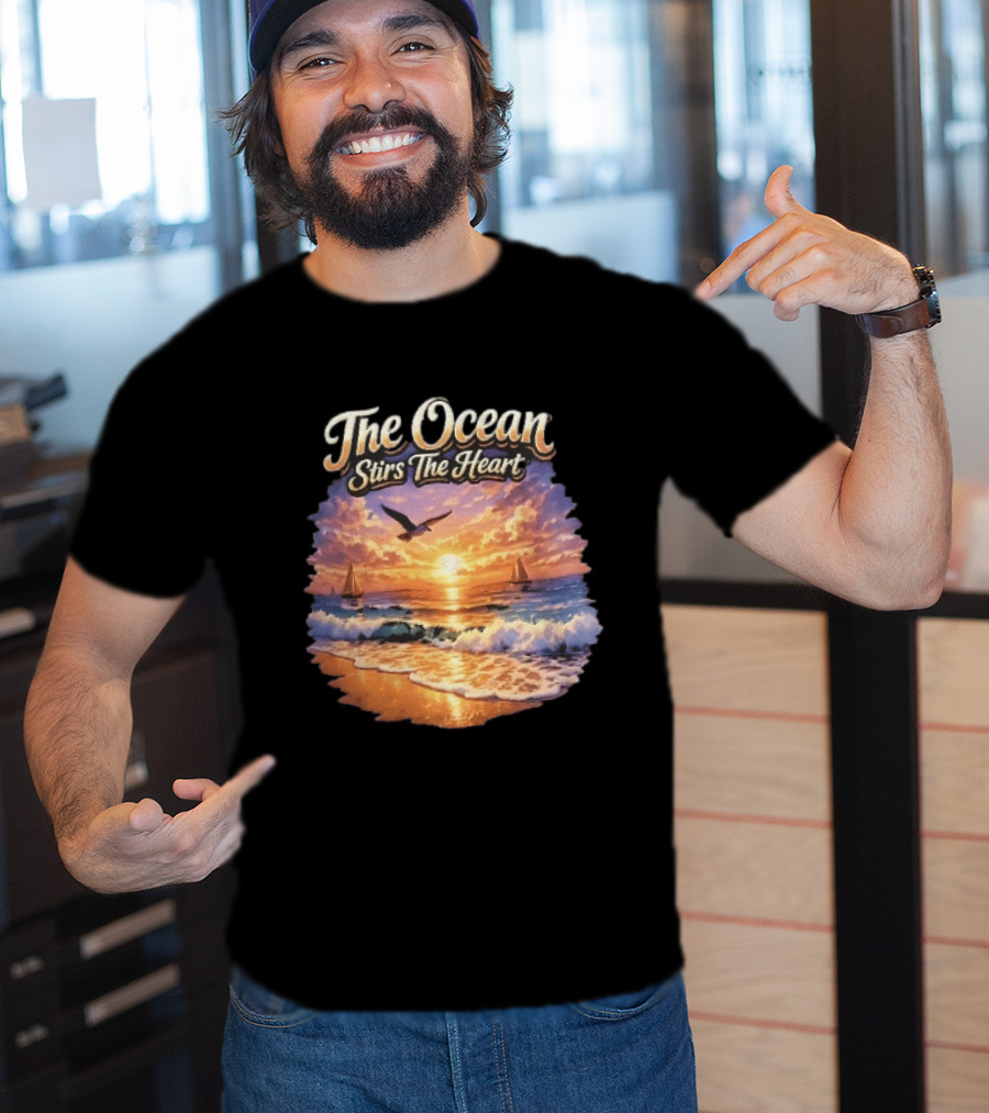 The Ocean Stirs The Heart Seagull Flying Sunset Beach Sailboats Waves T-Shirt