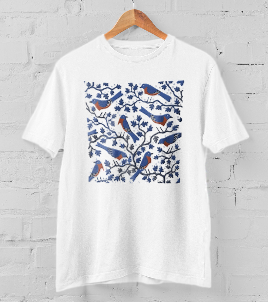 Eastern Bluebirds Perched On Flowering Tree Branches T-Shirt