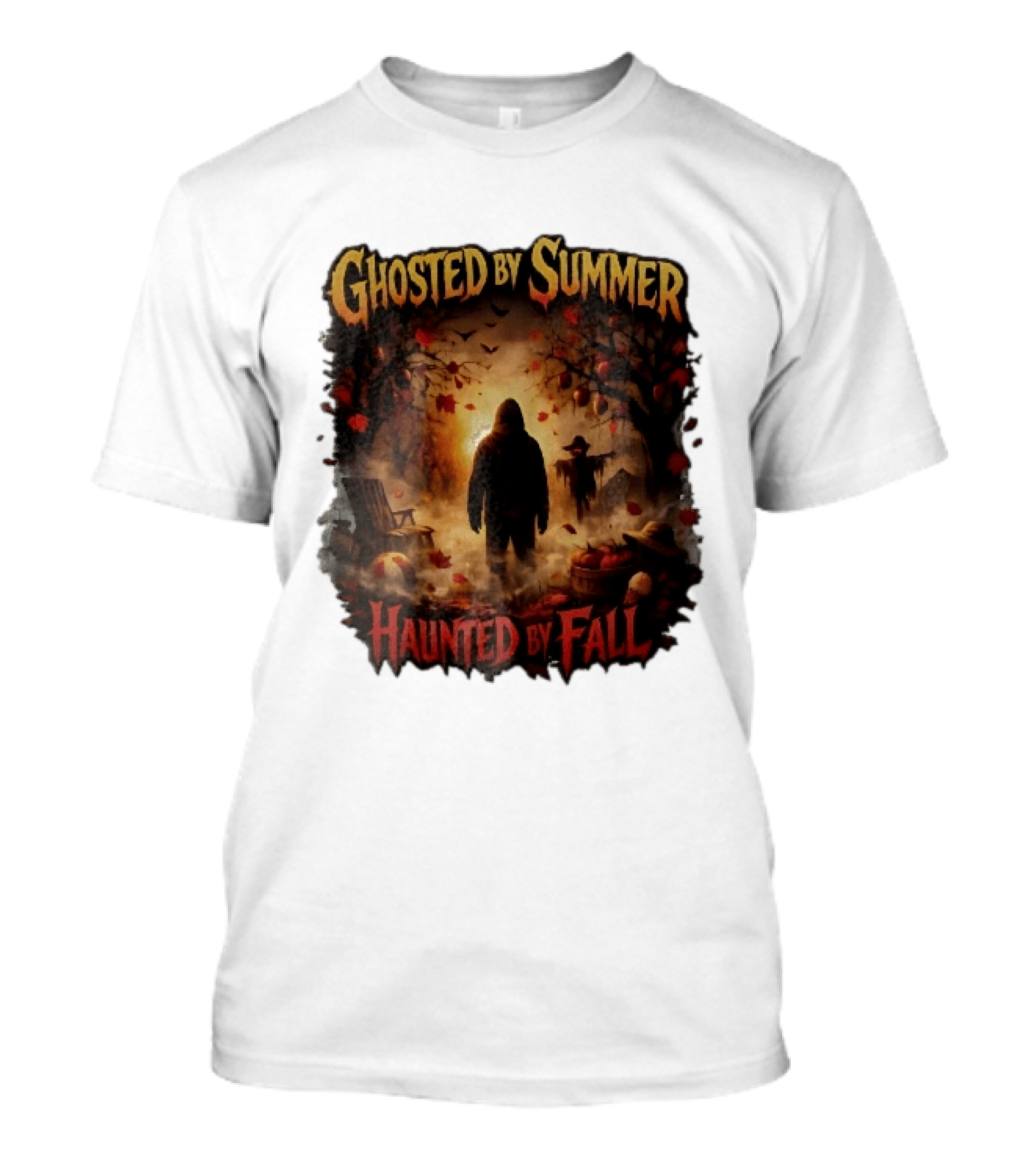 Ghosted By Summer Haunted By Fall Hooded Figure Autumn Orchard Scarecrow Pumpkins T-Shirt