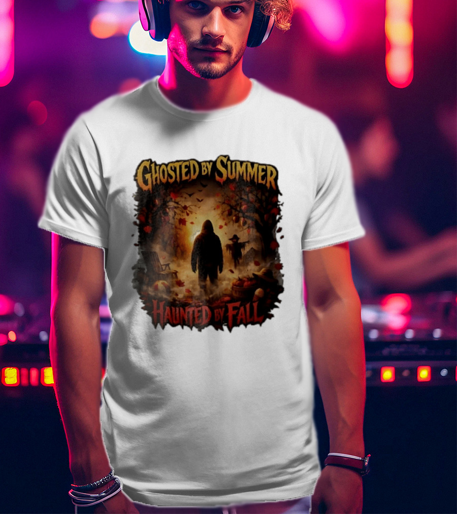 Ghosted By Summer Haunted By Fall Hooded Figure Autumn Orchard Scarecrow Pumpkins T-Shirt