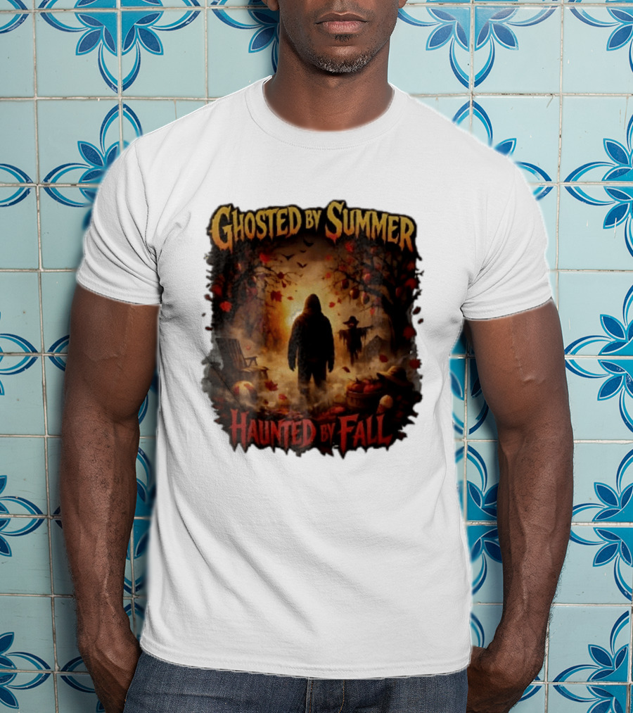 Ghosted By Summer Haunted By Fall Hooded Figure Autumn Orchard Scarecrow Pumpkins T-Shirt