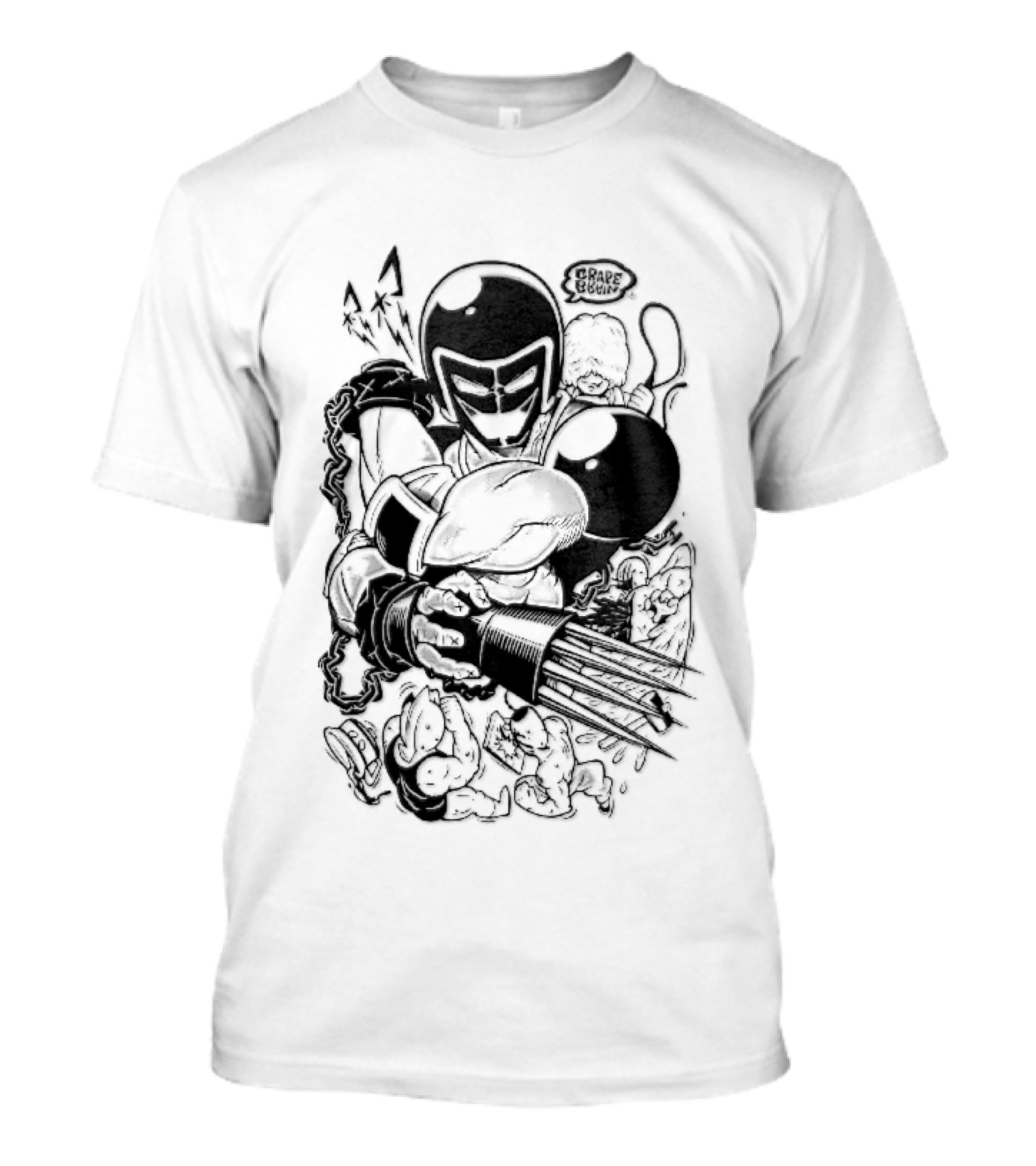 Grape Brain Masked Cyborg Wrestler Spiked Claws Chains Cartoon Line Drawing T-Shirt