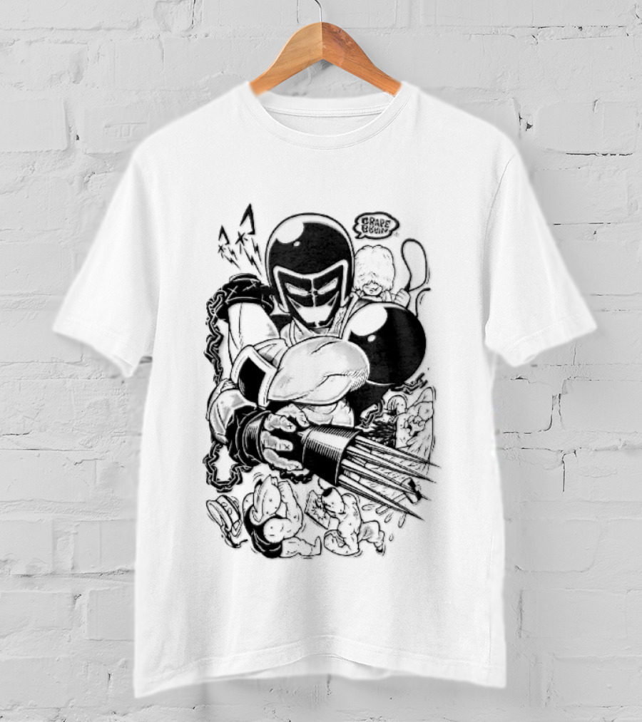 Grape Brain Masked Cyborg Wrestler Spiked Claws Chains Cartoon Line Drawing T-Shirt