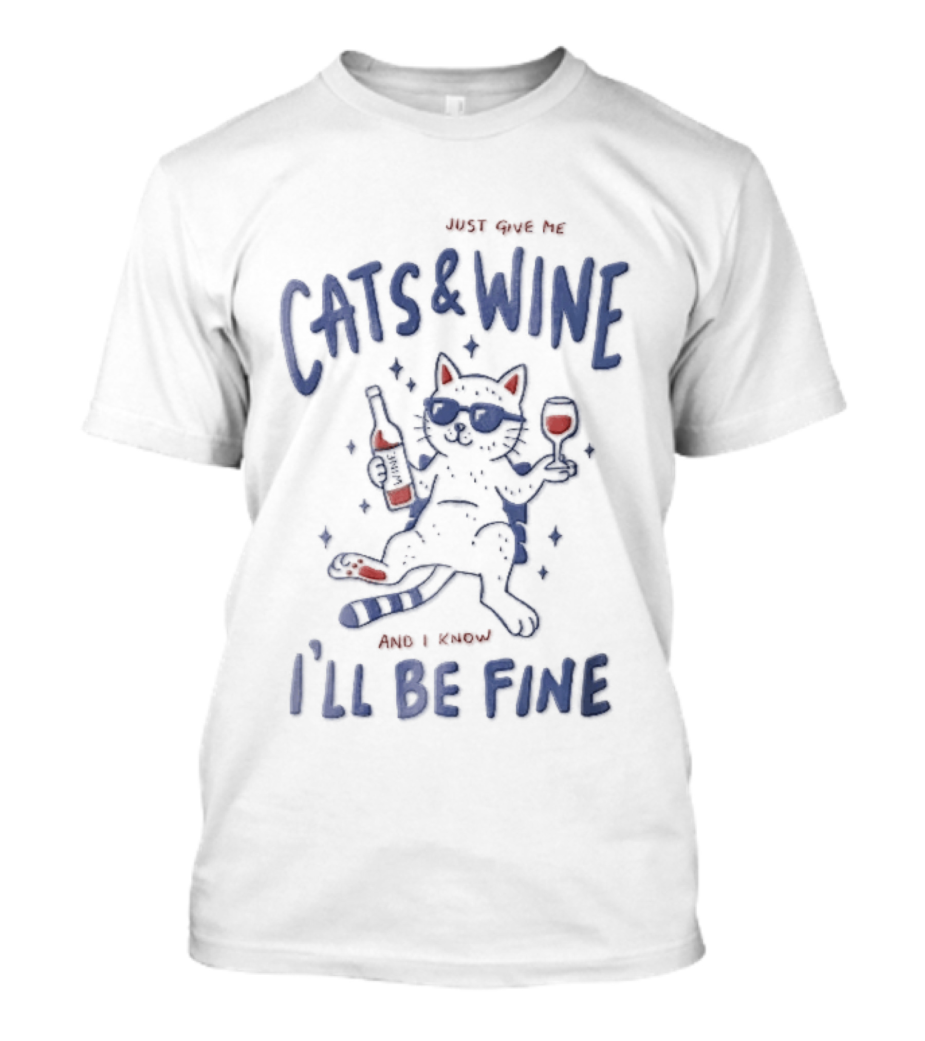 Just Give Me Cats And Wine I'll Be Fine Cartoon Feline Sunglasses Drink Bottle T-Shirt