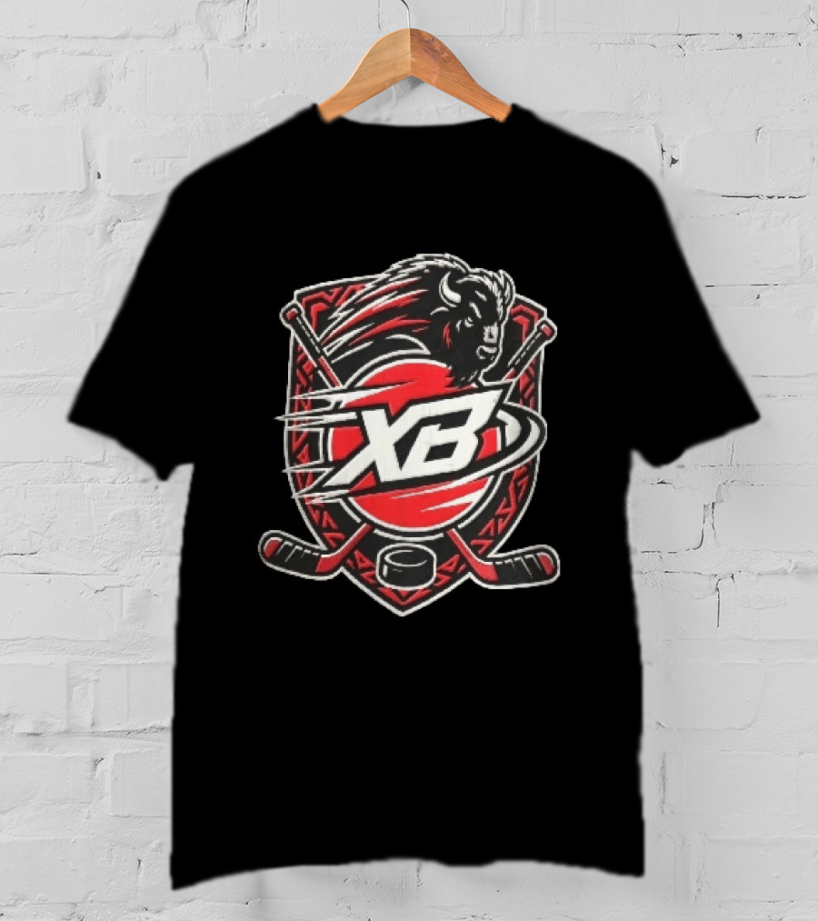 Xb Buffalo Bison Head With Crossed Hockey Sticks And Puck Shield Crest T-Shirt