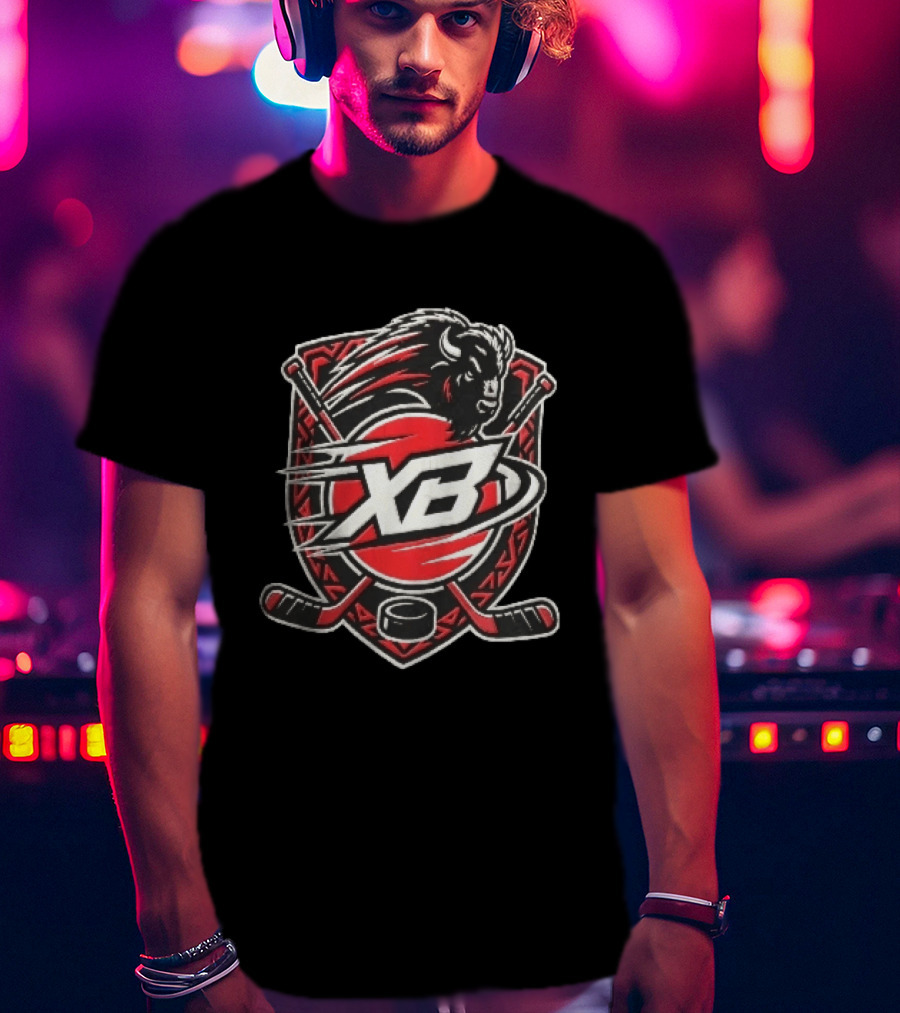 Xb Buffalo Bison Head With Crossed Hockey Sticks And Puck Shield Crest T-Shirt
