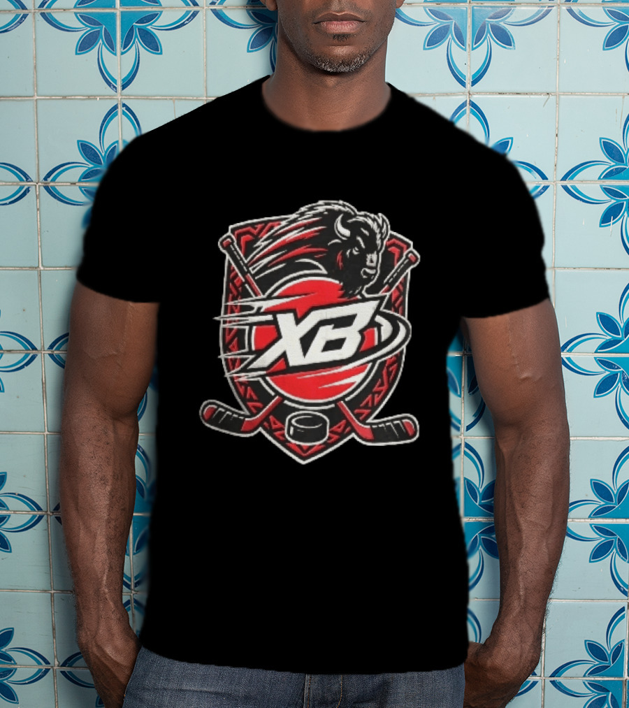 Xb Buffalo Bison Head With Crossed Hockey Sticks And Puck Shield Crest T-Shirt