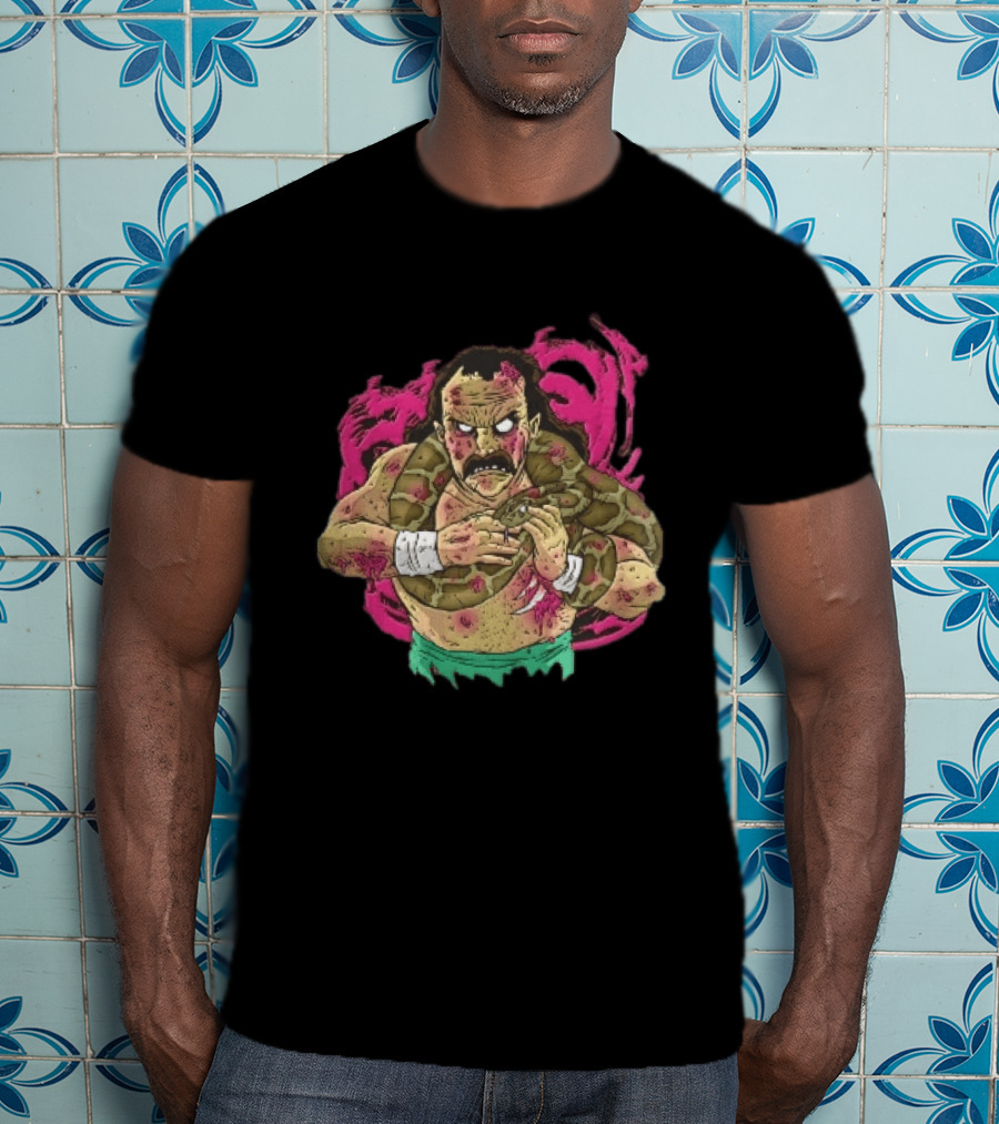 Zombie Wrestler Python Snake Pink Energy Burst Caricature T-Shirt