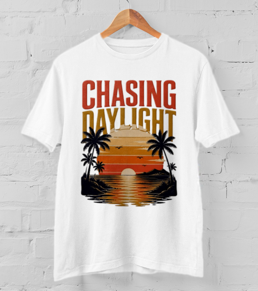 Chasing Daylight Tropical Beach Sunset Scene With Palms And Ocean Waves T-Shirt