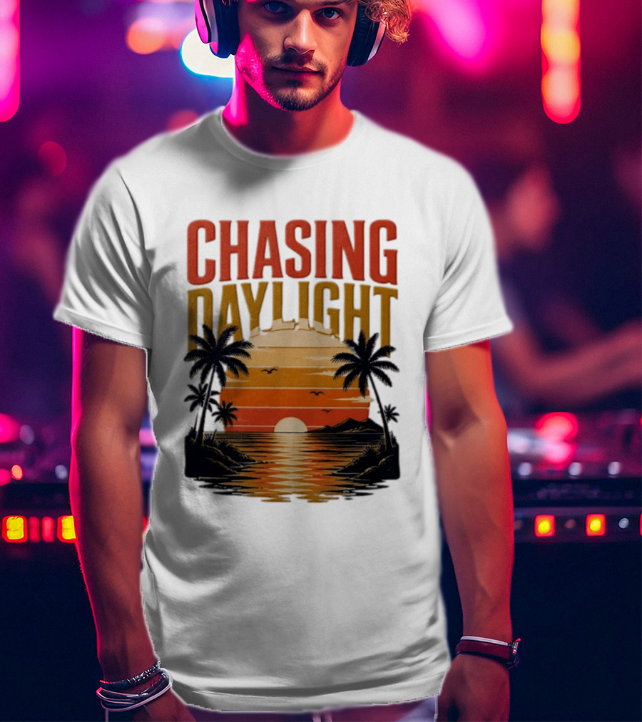 Chasing Daylight Tropical Beach Sunset Scene With Palms And Ocean Waves T-Shirt