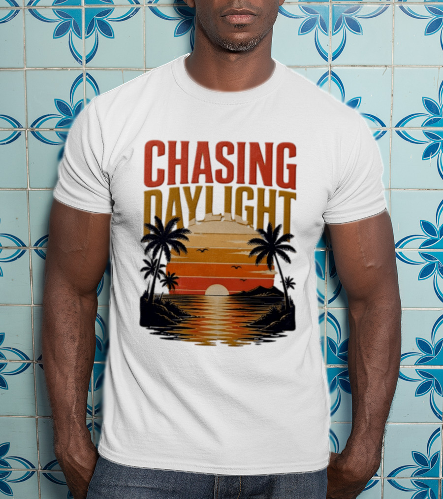 Chasing Daylight Tropical Beach Sunset Scene With Palms And Ocean Waves T-Shirt