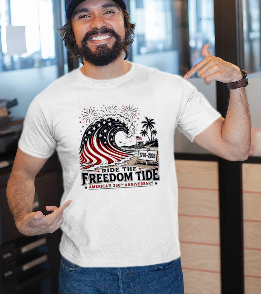 America's 250th Anniversary Ride The Freedom Tide USA Patriotic Independence Day Celebrating With Fireworks And Waves T-Shirt