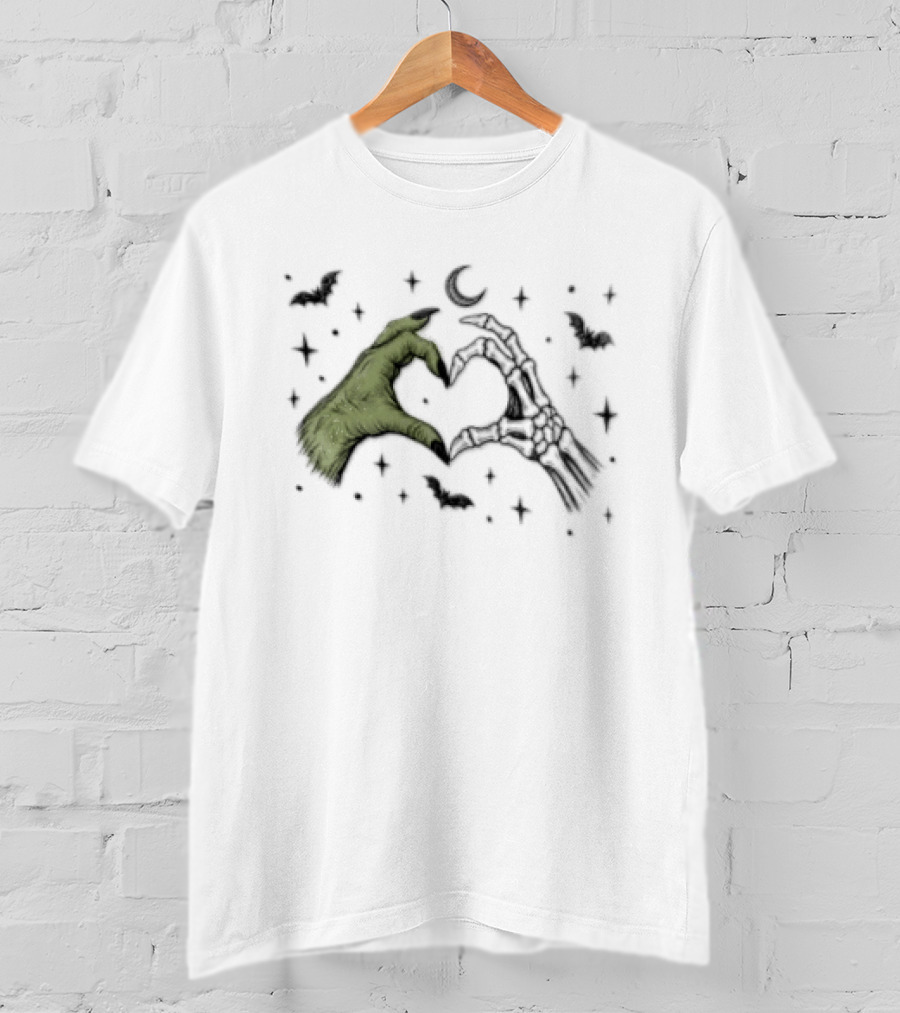 Witch Hand Skeleton Bone Heart Halloween Bats And Moon T-Shirt