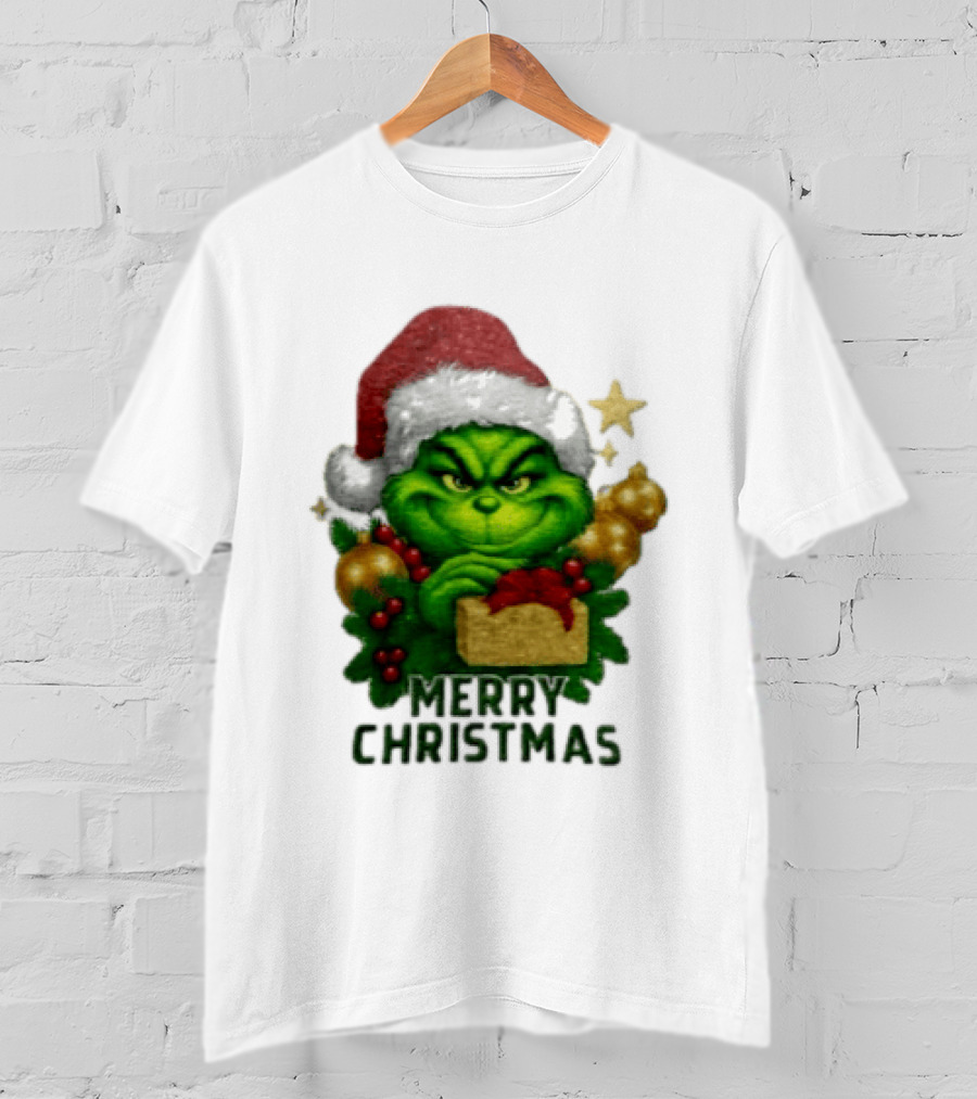 Merry Christmas Grinch Santa Claus Hat Gold Present Pine Branches T-Shirt