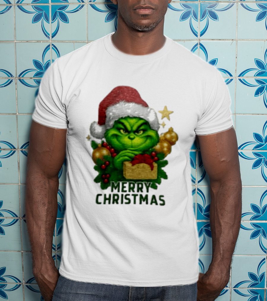 Merry Christmas Grinch Santa Claus Hat Gold Present Pine Branches T-Shirt