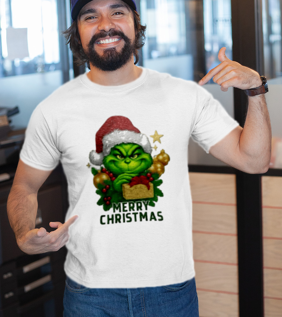 Merry Christmas Grinch Santa Claus Hat Gold Present Pine Branches T-Shirt