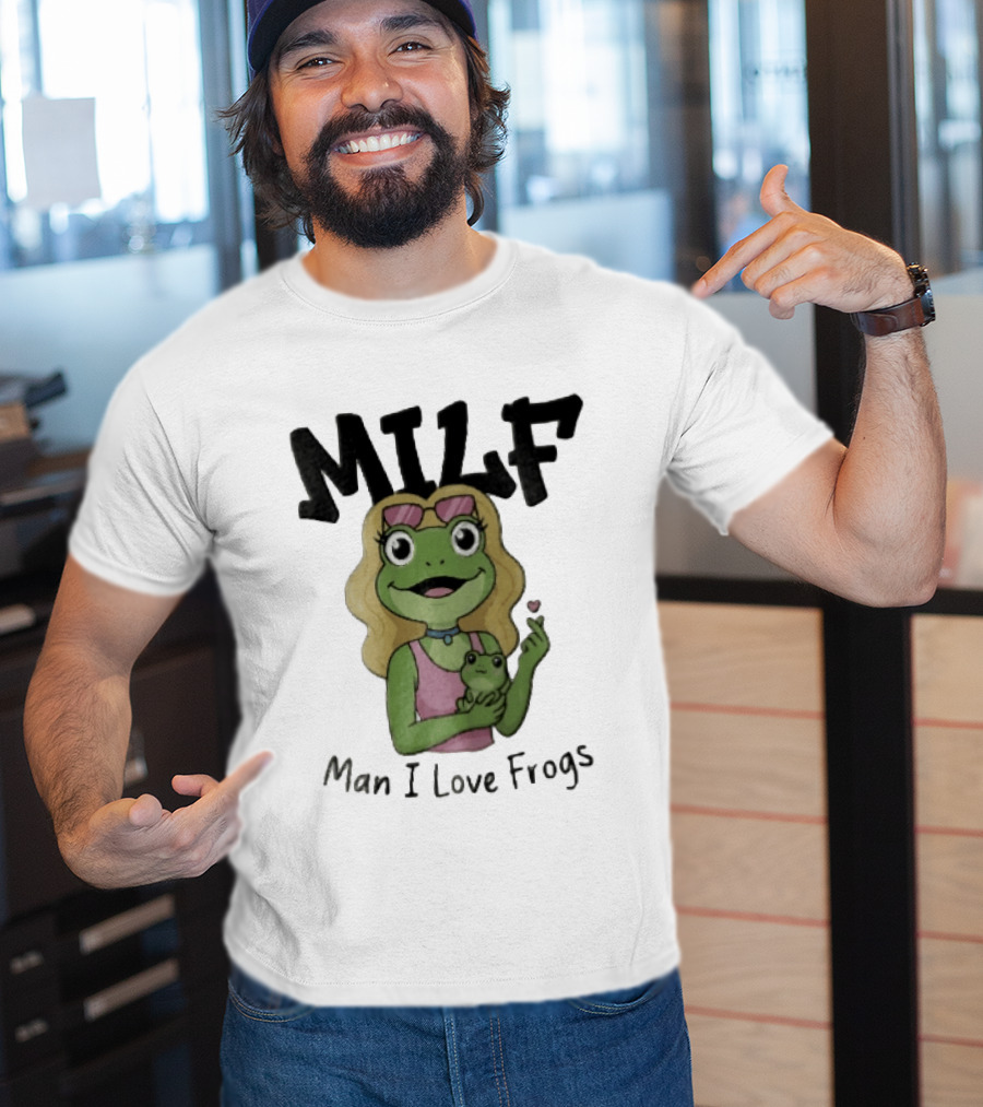 MILF Man I Love Frogs Cartoon Blonde Female Frog Holding Baby Frog T-Shirt