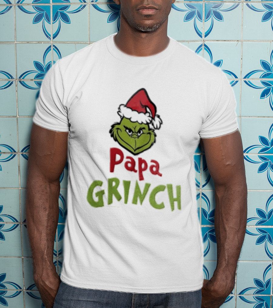 Papa Grinch Santa Claus Hat Green Face Cartoon T-Shirt