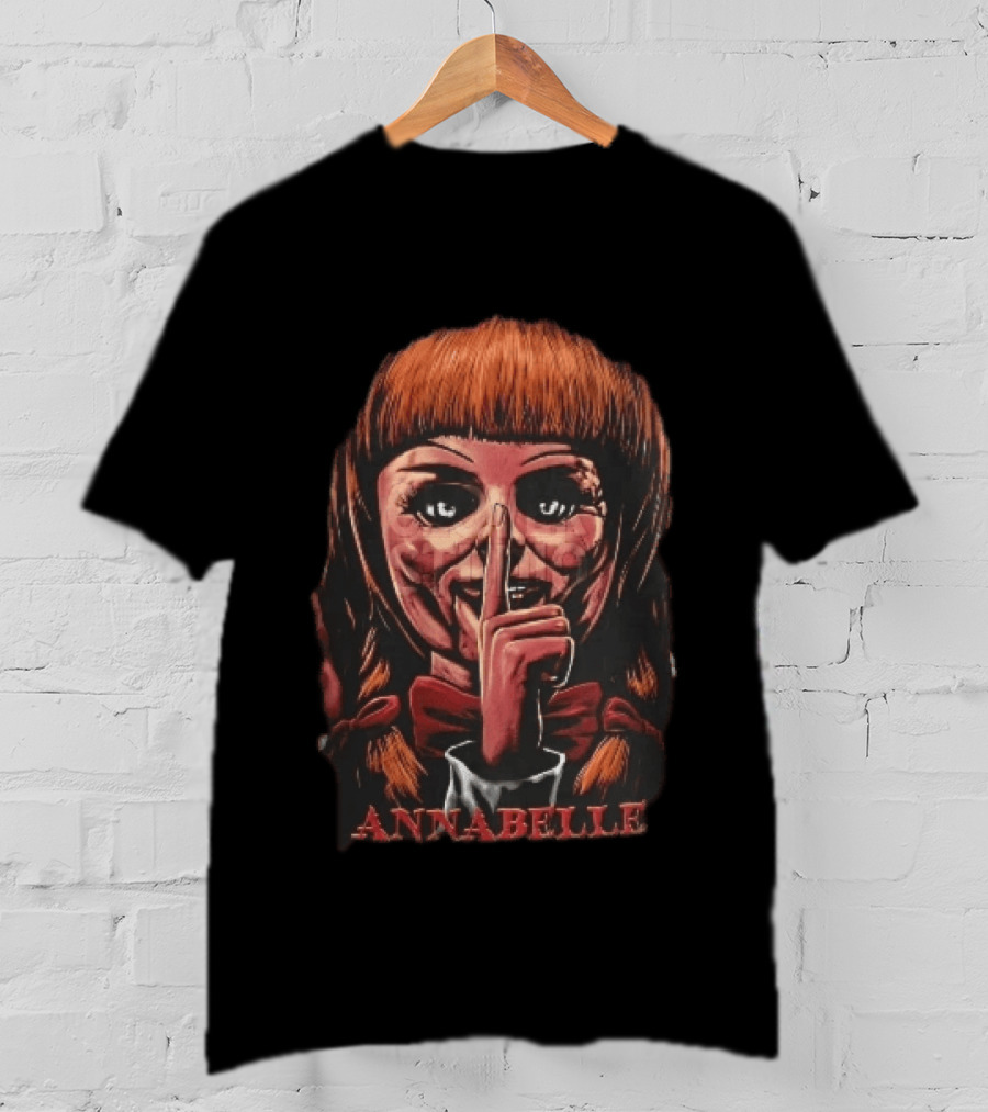 Annabelle Horror Doll Shushing Finger Red Bow Tie Eerie Doll Face T-Shirt