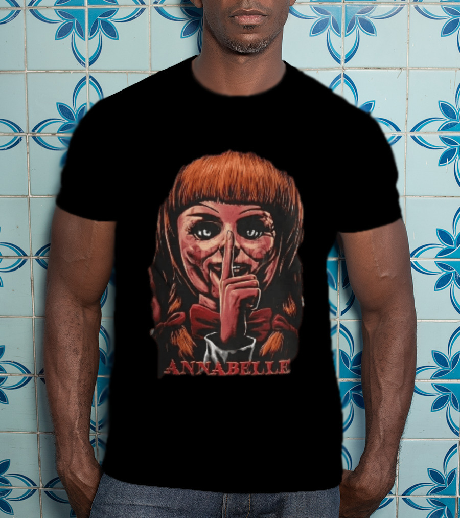 Annabelle Horror Doll Shushing Finger Red Bow Tie Eerie Doll Face T-Shirt