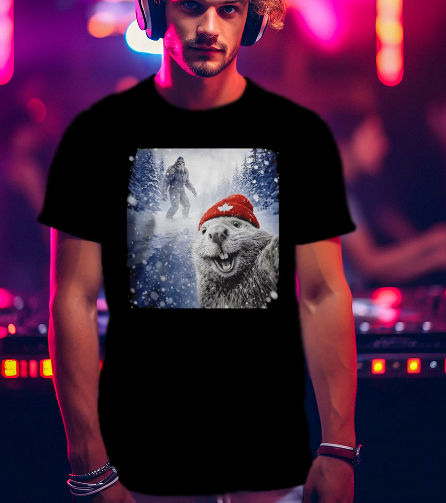 Beaver Selfie With Sasquatch In Snowy Canadian Forest T-Shirt