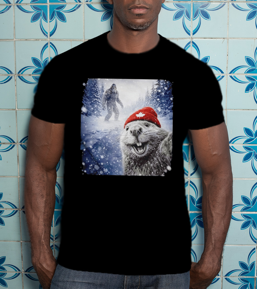 Beaver Selfie With Sasquatch In Snowy Canadian Forest T-Shirt