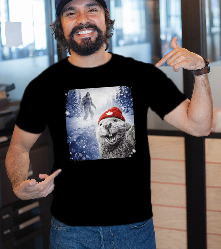Beaver Selfie With Sasquatch In Snowy Canadian Forest T-Shirt