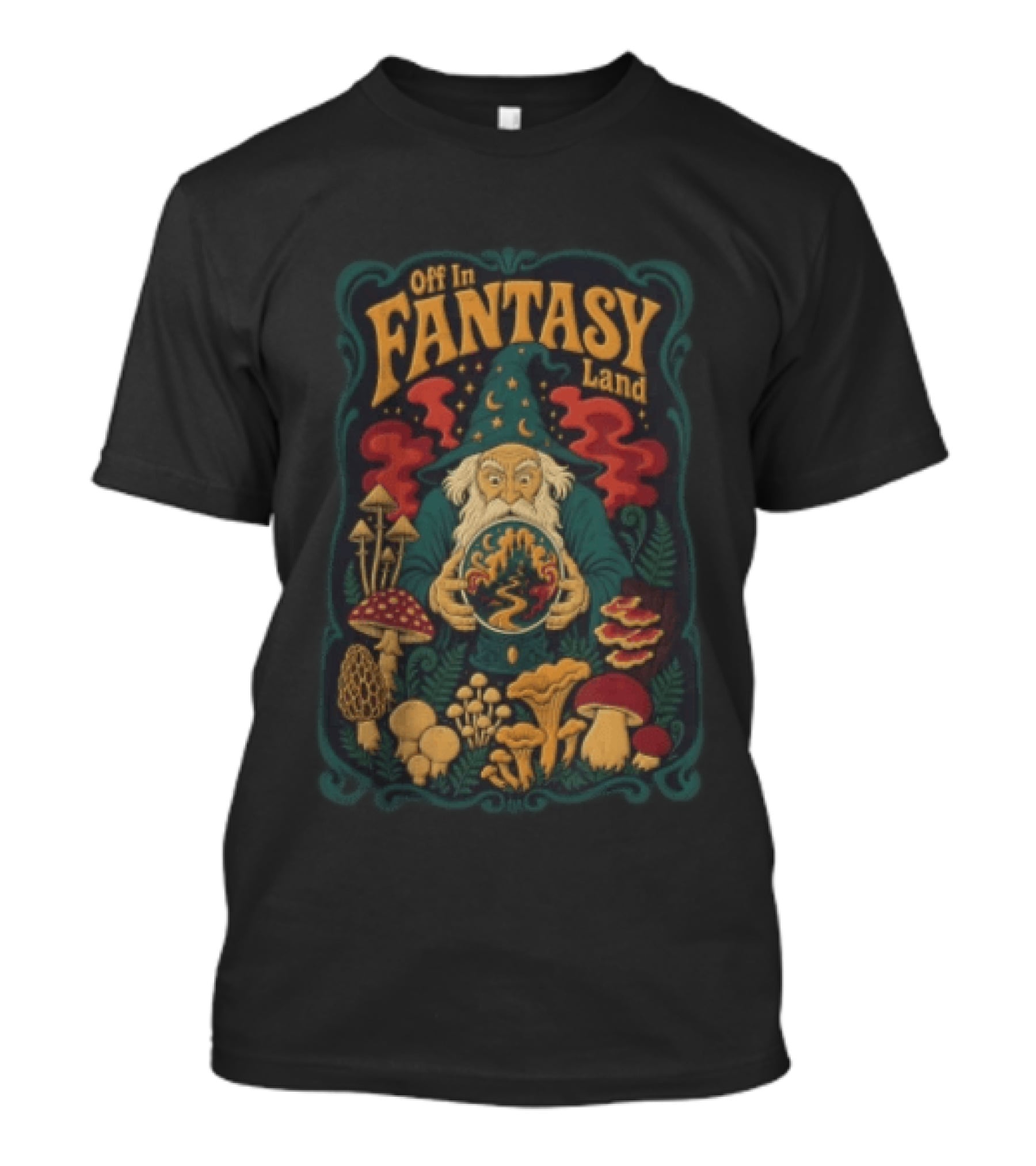 Off In Fantasy Land Wizard With Magic Mushrooms And Crystal Ball T-Shirt