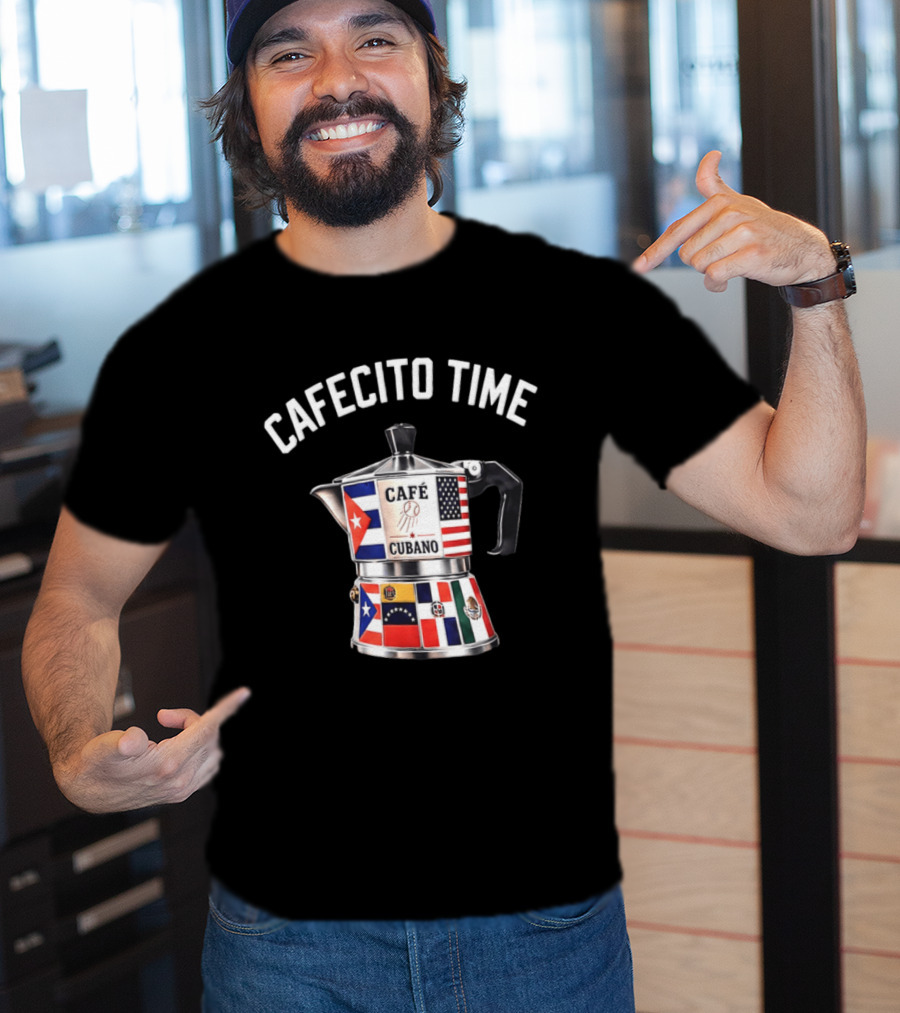 Cafecito Time Café Cubano Kike Hernandez Cuban Coffee Flag Motif T-Shirt