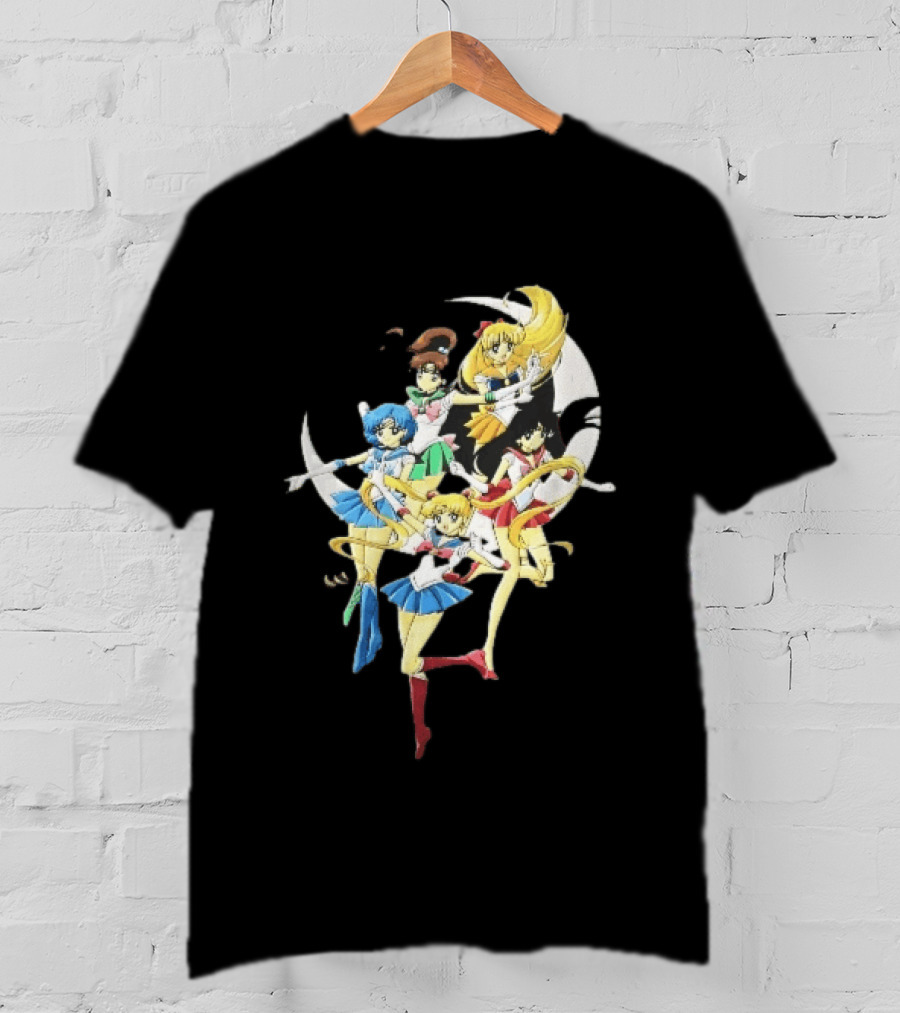 Sailor Moon Crescent Five Guardians Distressed Cartoon T-Shirt