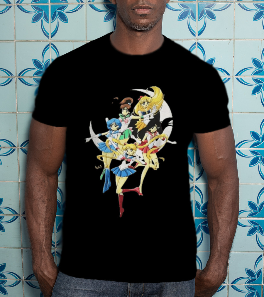 Sailor Moon Crescent Five Guardians Distressed Cartoon T-Shirt