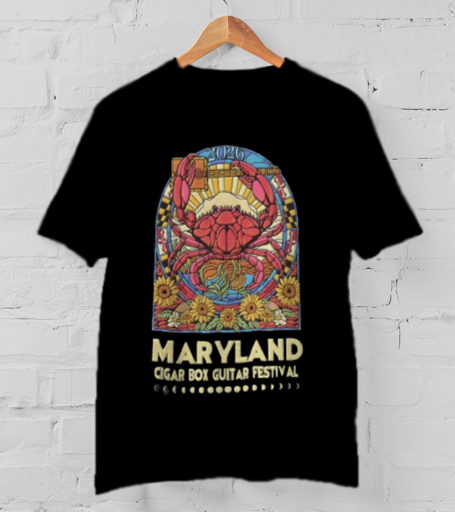 Maryland Cigar Box Guitar Festival 2026 Crab Stained Glass Sunflowers T-Shirt