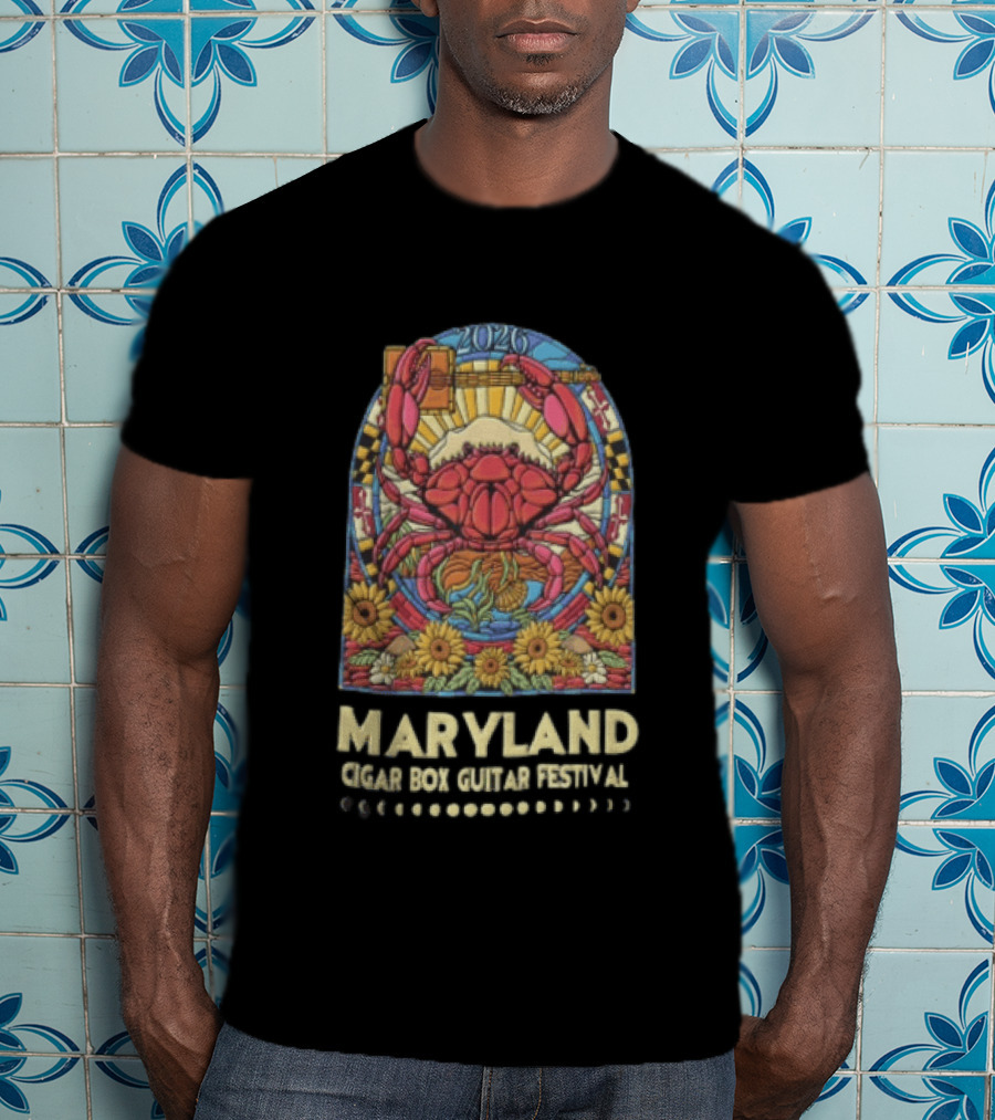 Maryland Cigar Box Guitar Festival 2026 Crab Stained Glass Sunflowers T-Shirt