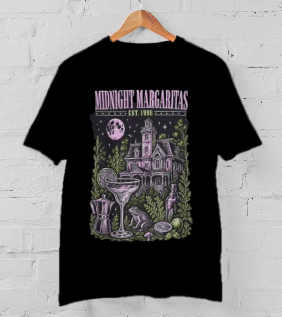 Midnight Margaritas Est 1998 Haunted Mansion Full Moon Frog Margarita Glass Lime Pestle Botanical T-Shirt