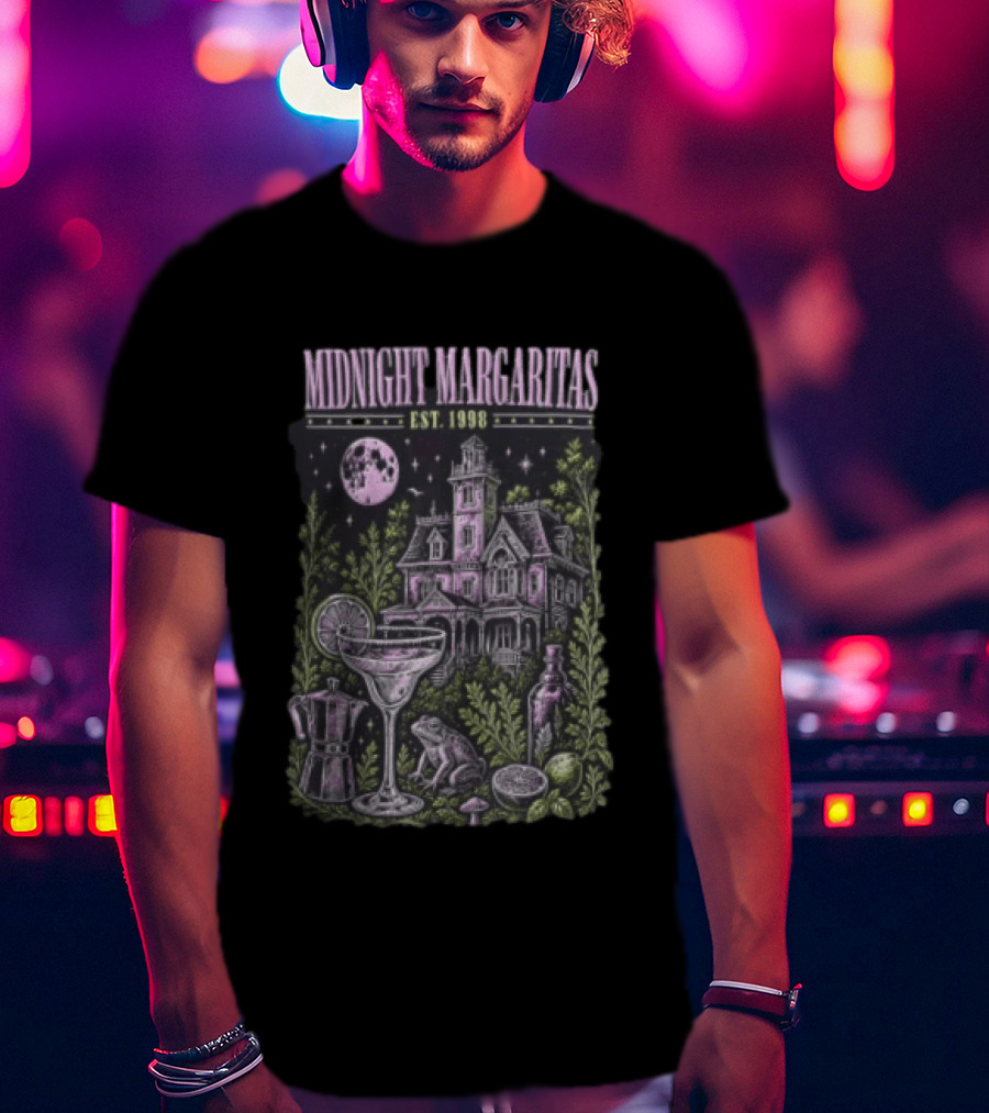 Midnight Margaritas Est 1998 Haunted Mansion Full Moon Frog Margarita Glass Lime Pestle Botanical T-Shirt