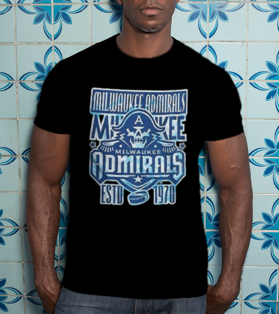 Milwaukee Admirals Estd 1970 Skull Hockey Puck Distressed Navy Blue T-Shirt