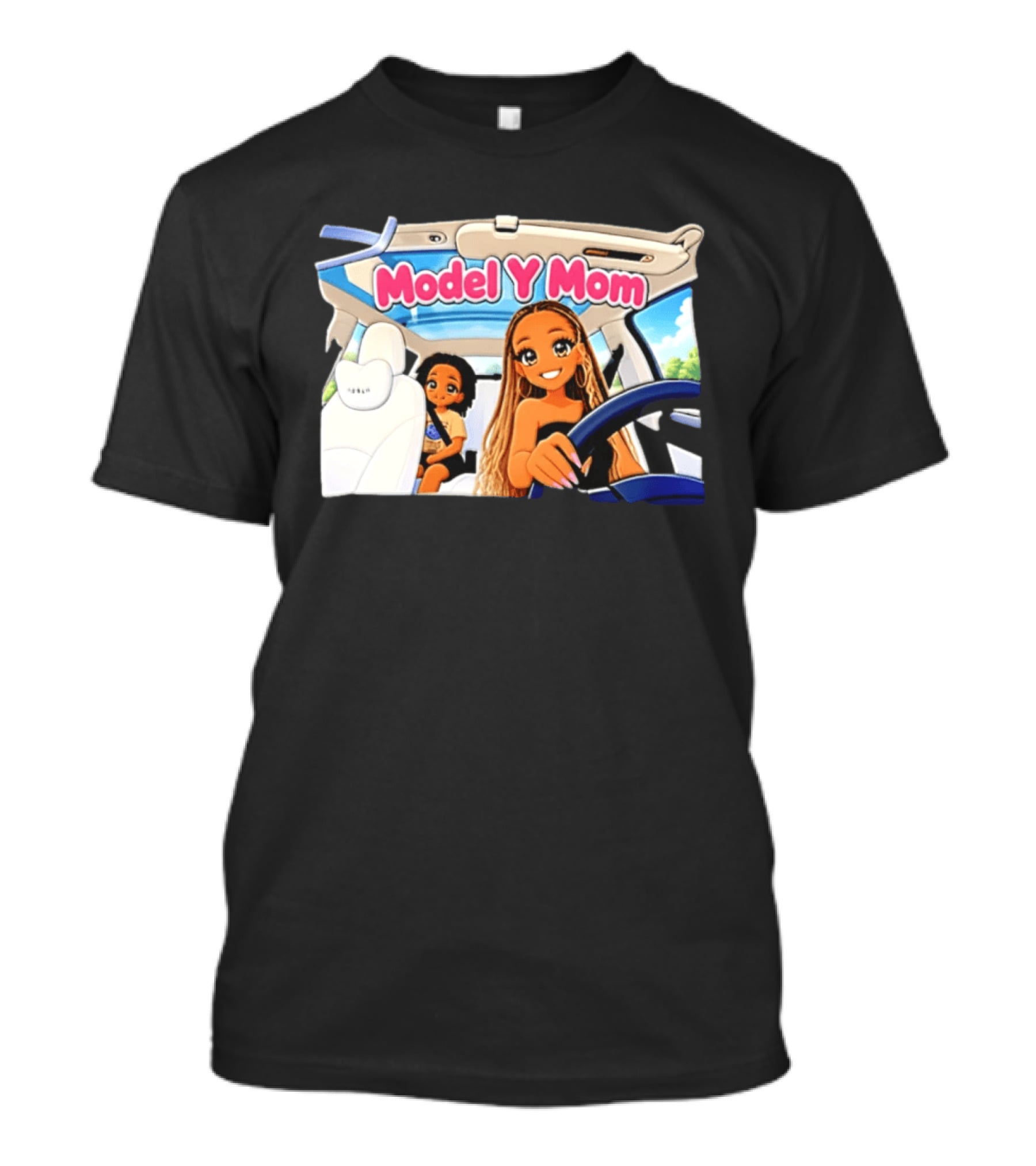 Model Y Mom Cartoon Driving Scene In Tesla T-Shirt