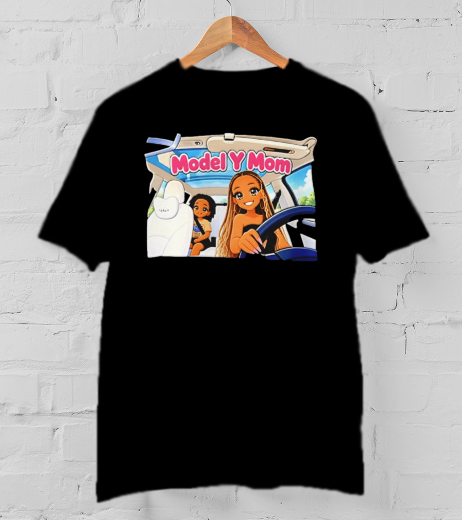 Model Y Mom Cartoon Driving Scene In Tesla T-Shirt
