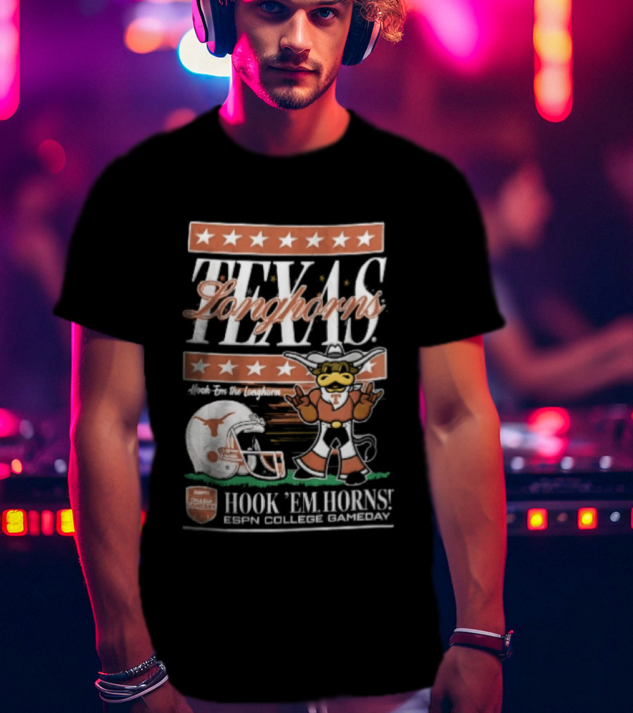 Texas Longhorns Hook Em Horns ESPN College Gameday Football Helmet Cartoon T-Shirt
