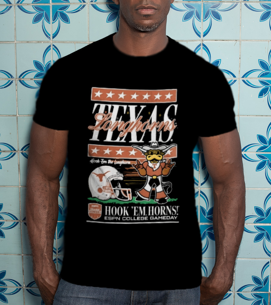 Texas Longhorns Hook Em Horns ESPN College Gameday Football Helmet Cartoon T-Shirt