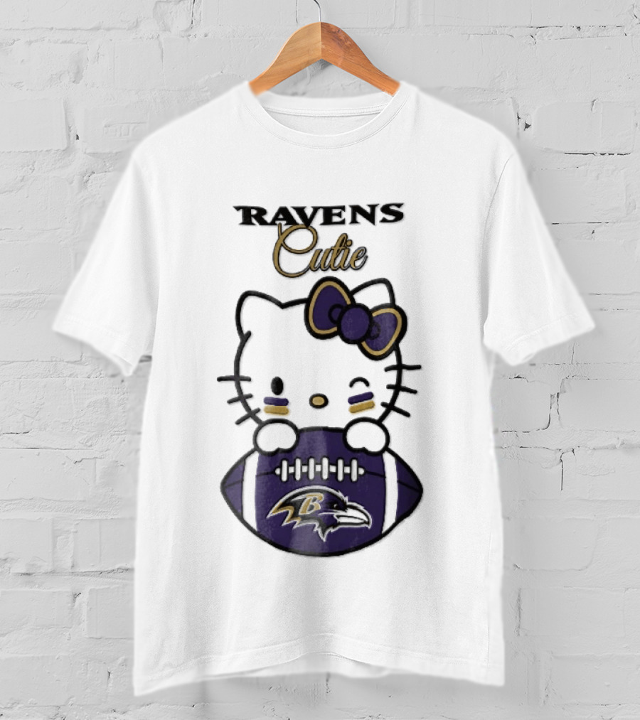 Ravens Cutie Hello Kitty Winking Holding Football T-Shirt